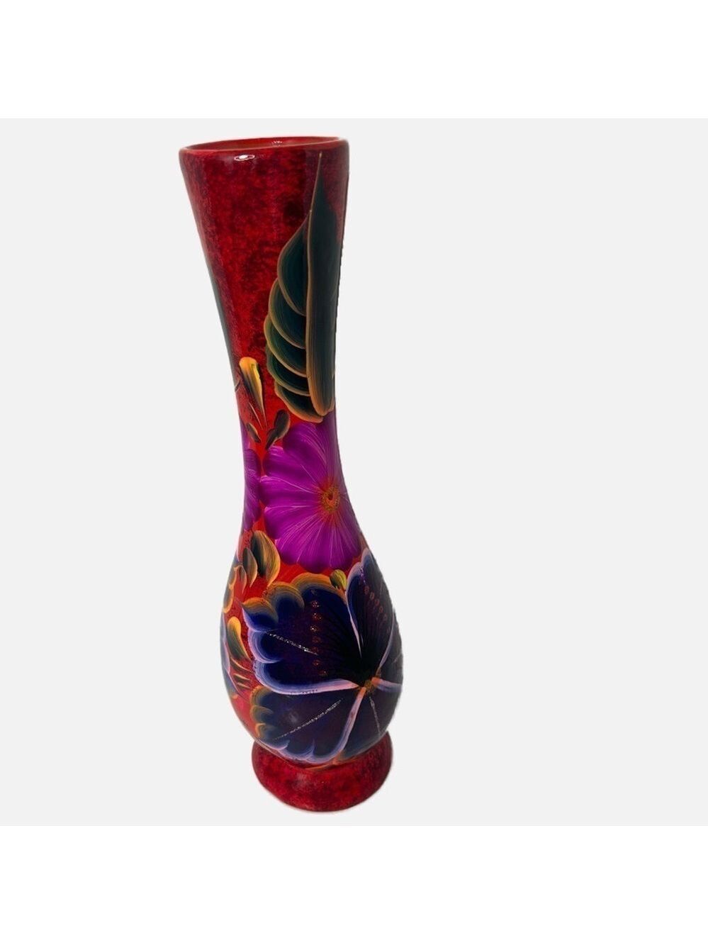 Talavera Mexico Handpainted Vase Vibrant Colors Large Floral Clay 14x4”